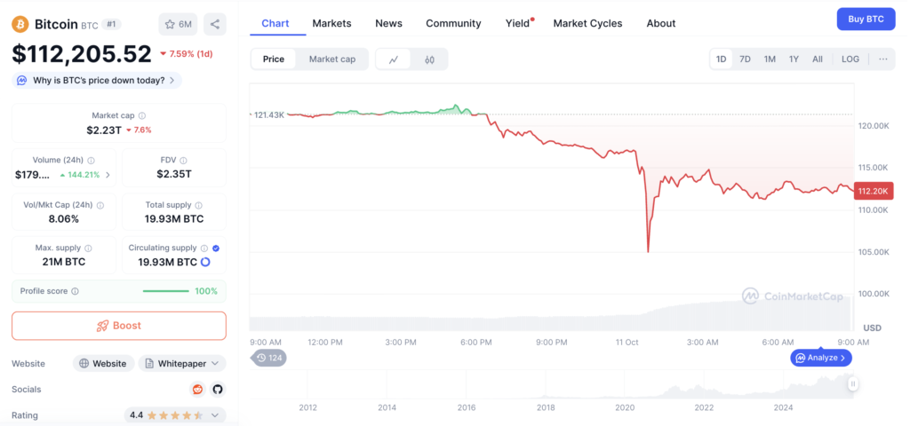 نمودار قیمت و اطلاعات بازار بیت کوین - منبع: CoinMarketCap